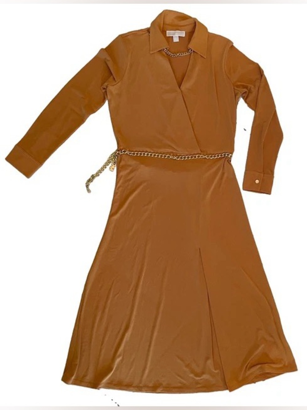 Michael Kors Long Sleeve Wrap Midi Dress in Marigold with Gold Chain